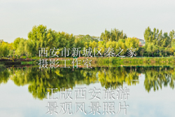 晴天中国陕西西安汉城湖公园水面倒影风景