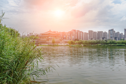 夏天的中国陕西西安曲江池遗址公园景观夕阳风景